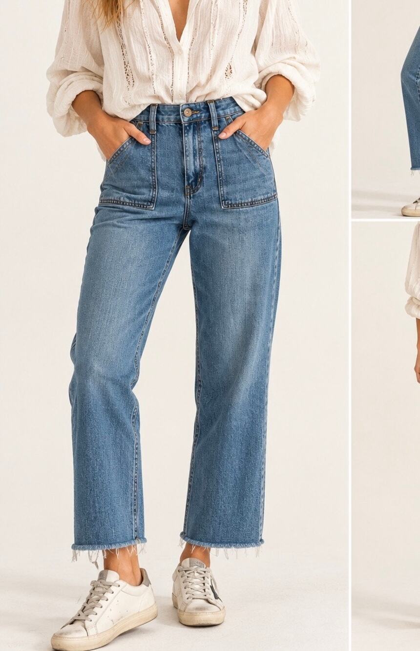 VERVET Blue High Rise Utility Pocket Straight Crop Jeans Raw Hem Size 29